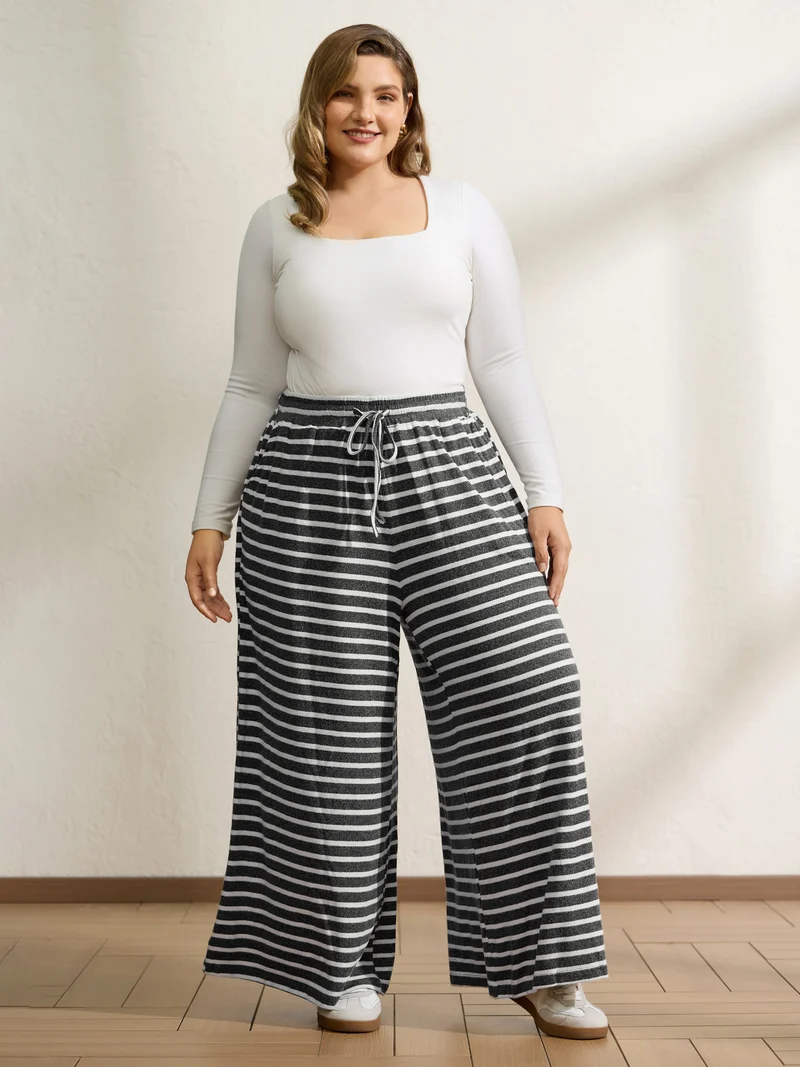 Stretchy Stripes Drawstring Wide-Leg Pants
