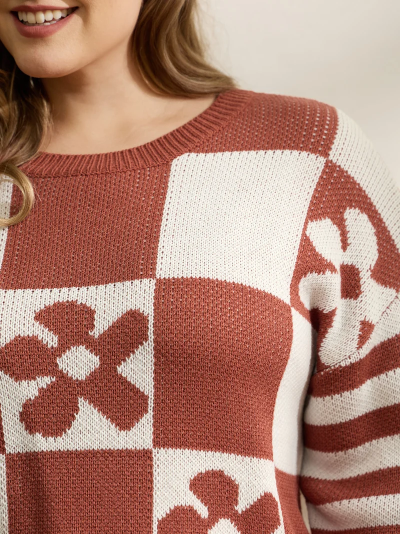 Checkered Floral Stripe Sleeve Jacquard Pullover