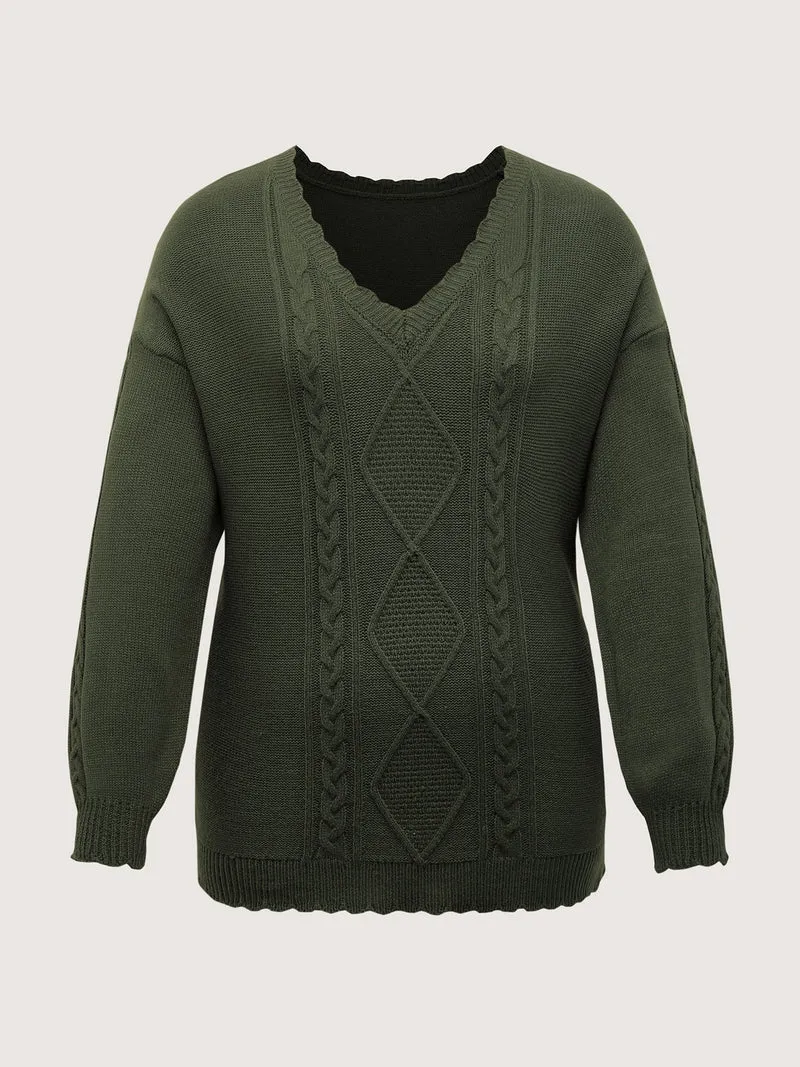 CableKnit Balloon Sleeve V-Neck Pullover