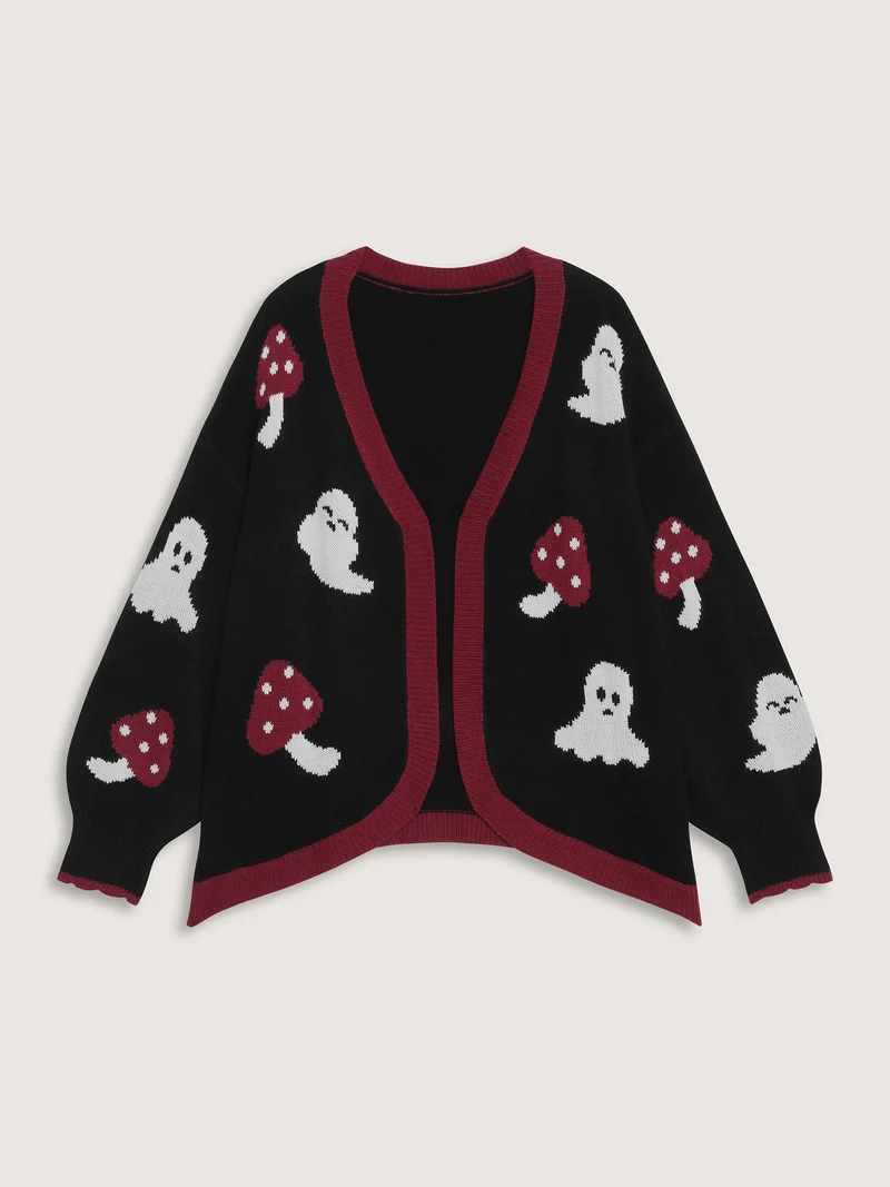 Happy Ghost Curvy Hem Open-Front Cardigan