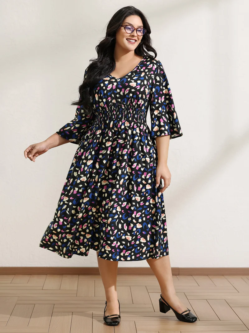 Leopard Print Shirred Waist V-Neck Midi Dress