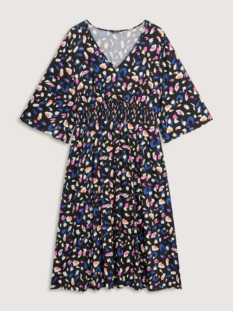 Leopard Print Shirred Waist V-Neck Midi Dress