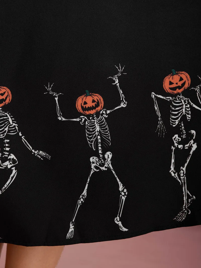 Pumpkin Head Skeleton Print Flared Midi Dress