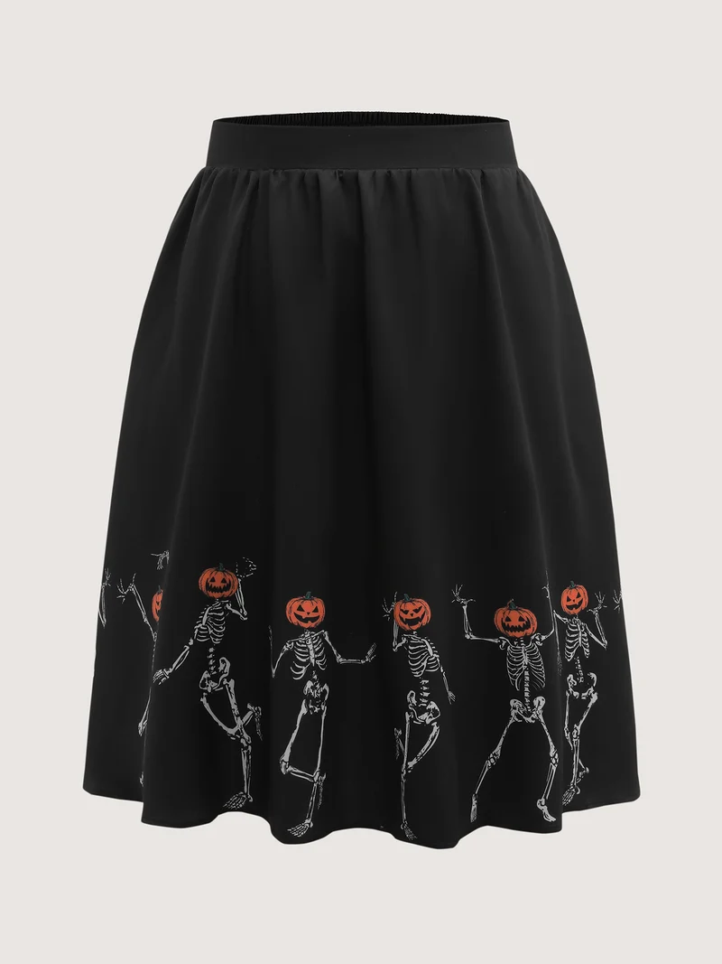 Pumpkin Head Skeleton Print Flared Midi Dress