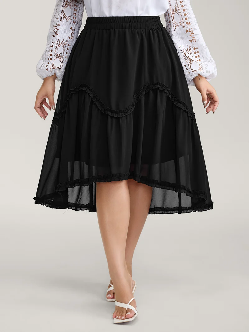 Ruffled Trim Sheer Midi Skirt