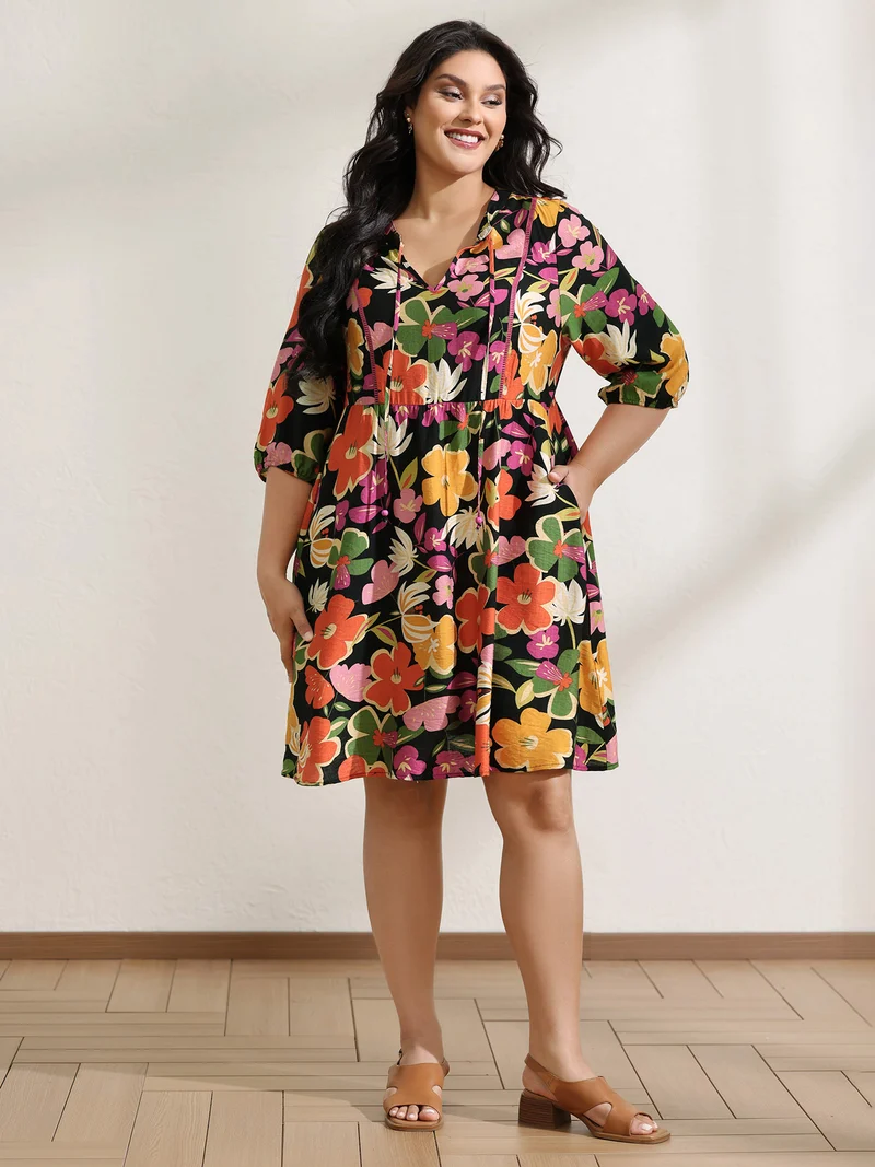 Colorful Floral Print Beaded A-Line Midi Dress