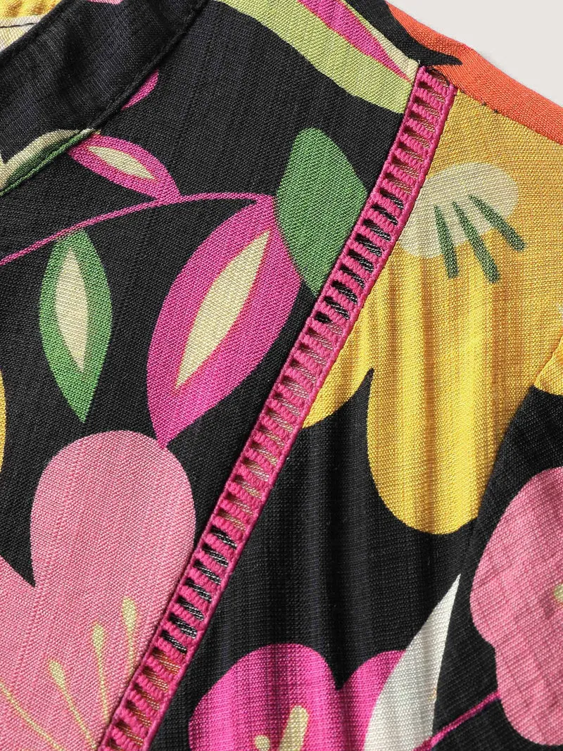 Colorful Floral Print Beaded A-Line Midi Dress