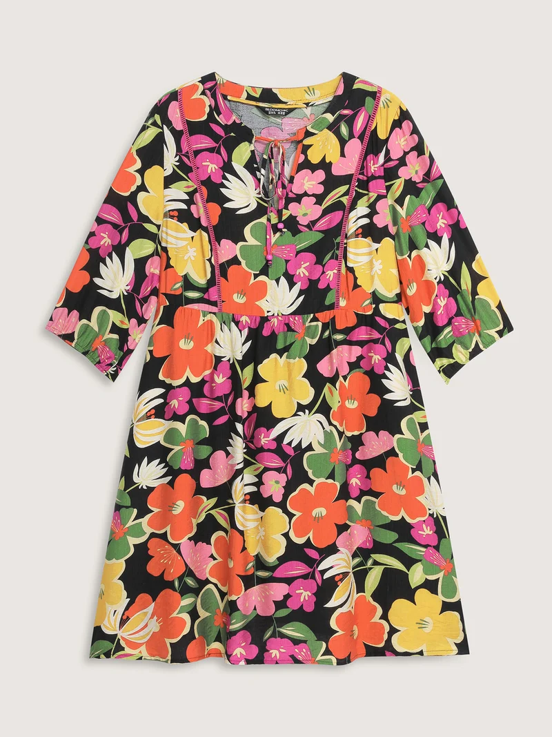 Colorful Floral Print Beaded A-Line Midi Dress
