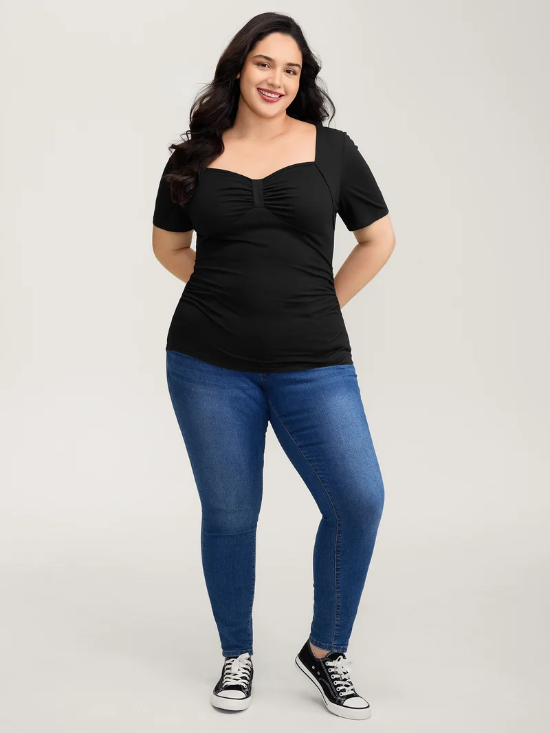 Stretchy Ruched Square Neck T-Shirt
