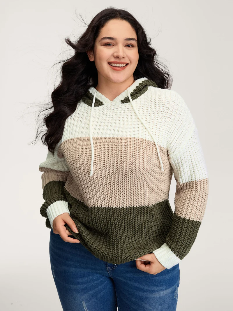 Colorblock Hooded Textured Pullover