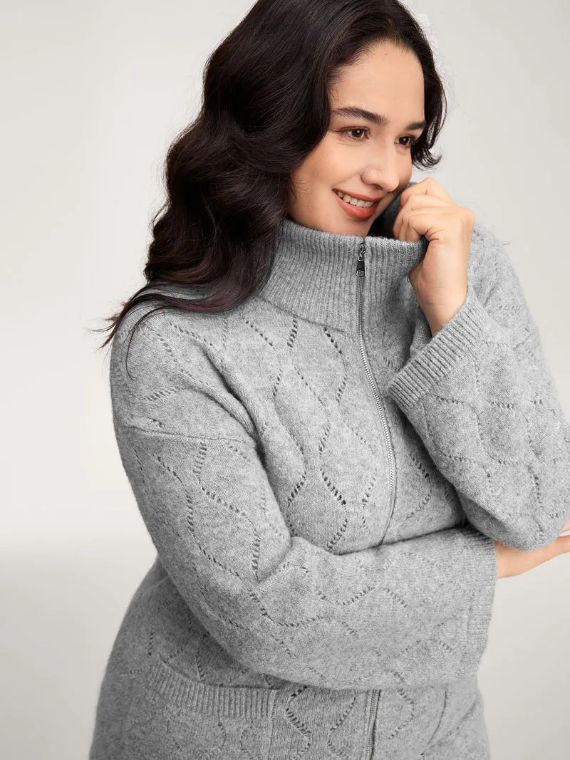 Textured Flared Sleeve Zipper Knit Cardigan