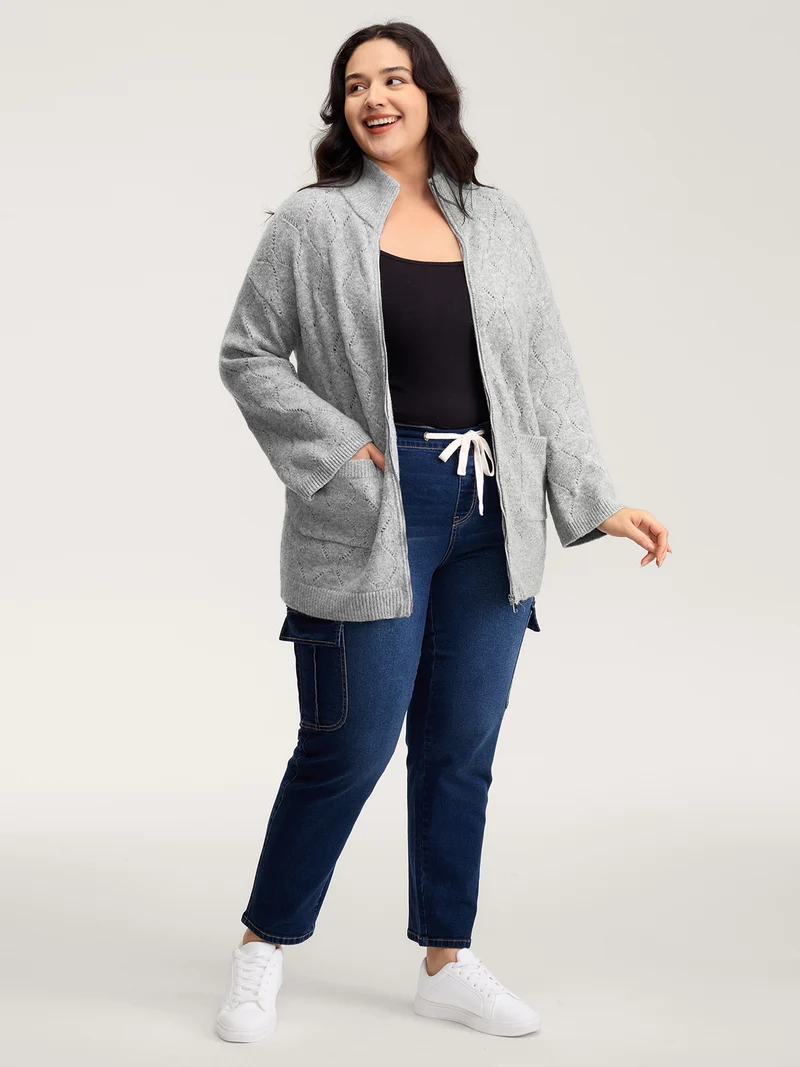 Textured Flared Sleeve Zipper Knit Cardigan