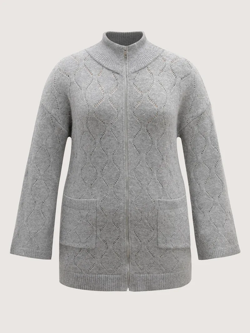 Textured Flared Sleeve Zipper Knit Cardigan