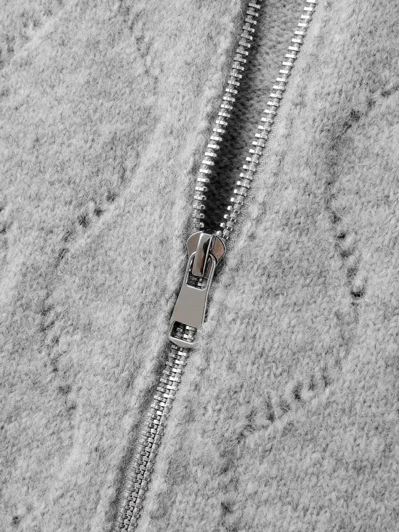 Textured Flared Sleeve Zipper Knit Cardigan
