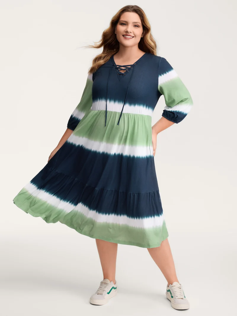 Cross-Tie Neckline Color Gradient Midi Dress