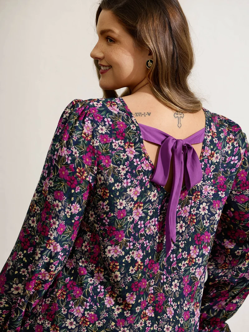 Floral Print Back Bowknot Blouse