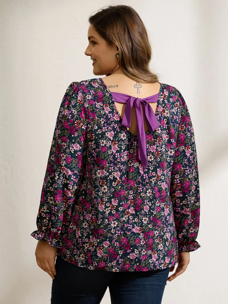 Floral Print Back Bowknot Blouse