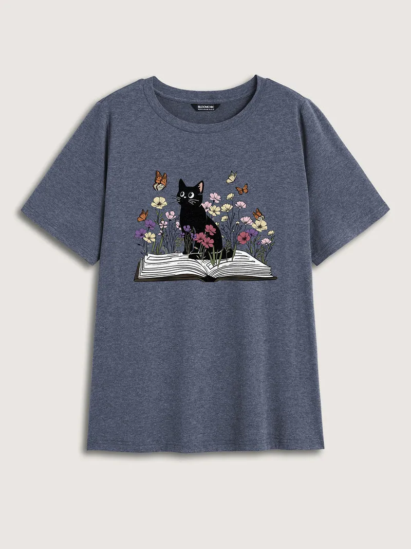 Bookish Cat Printed Round Neck T-Shirt