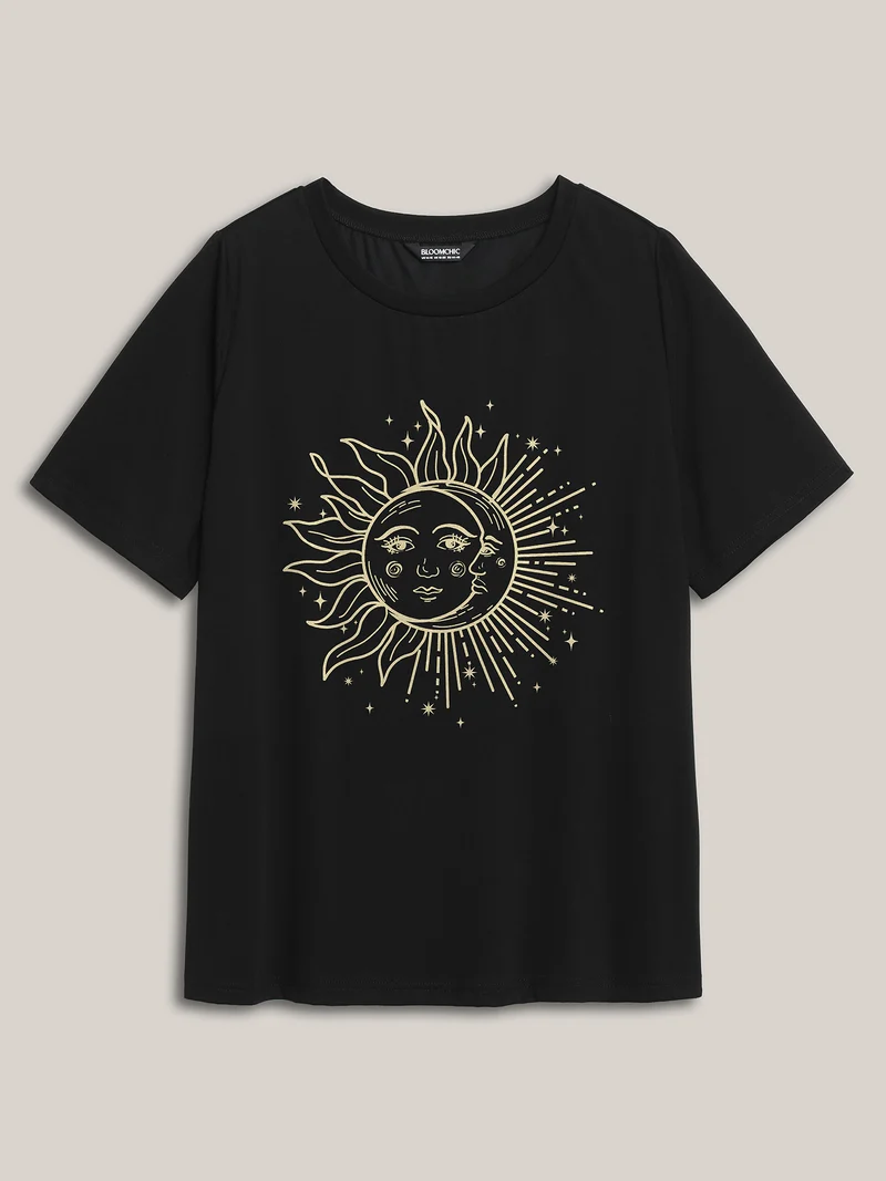 Sun and Moon Printed Round Neck T-Shirt