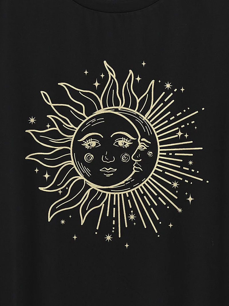 Sun and Moon Printed Round Neck T-Shirt
