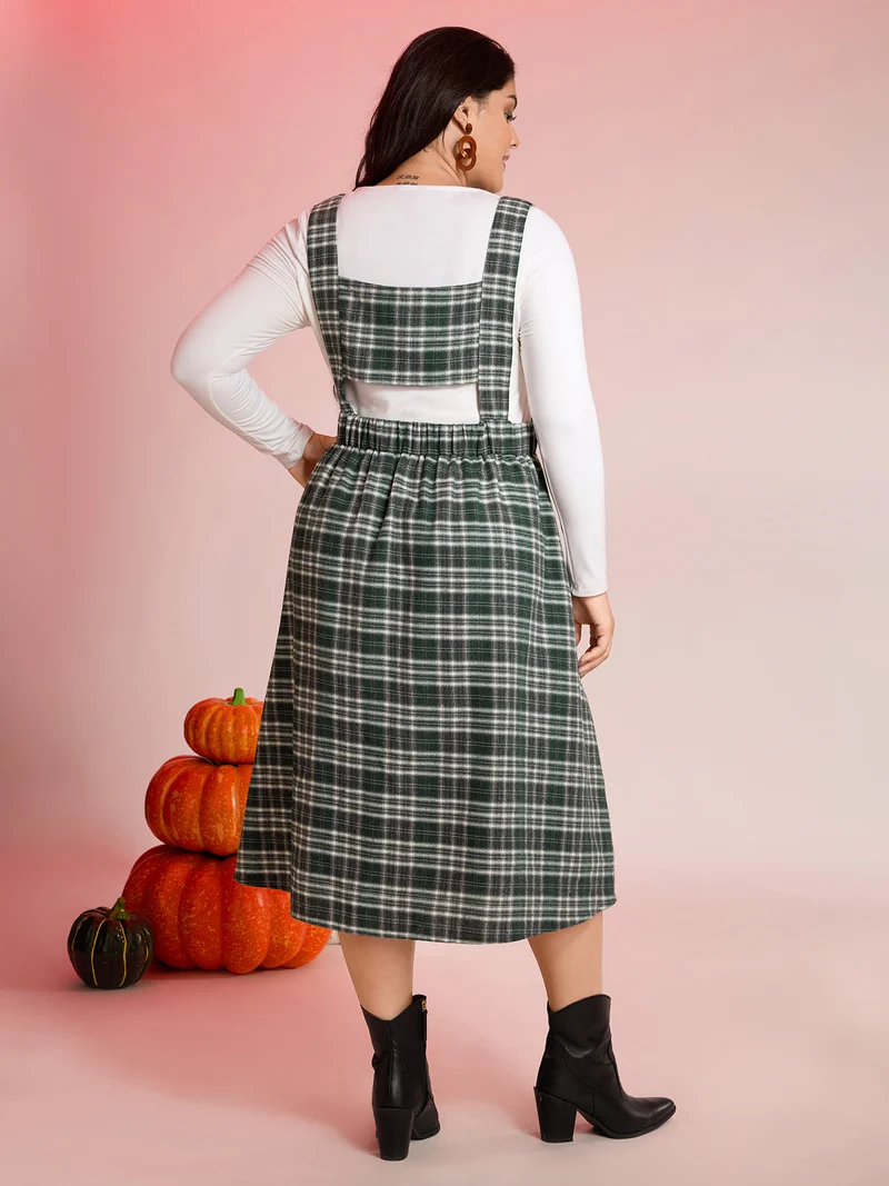Plaid Pleated Suspender Skirt Adjustable Midi Dress