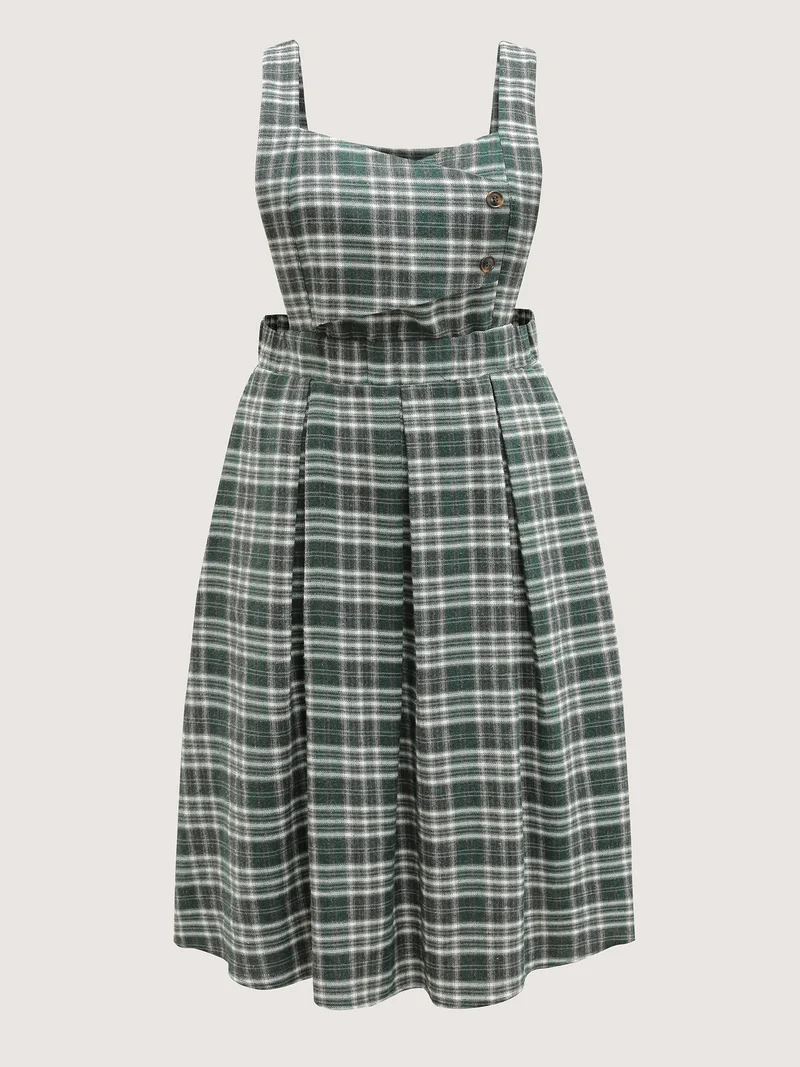 Plaid Pleated Suspender Skirt Adjustable Midi Dress