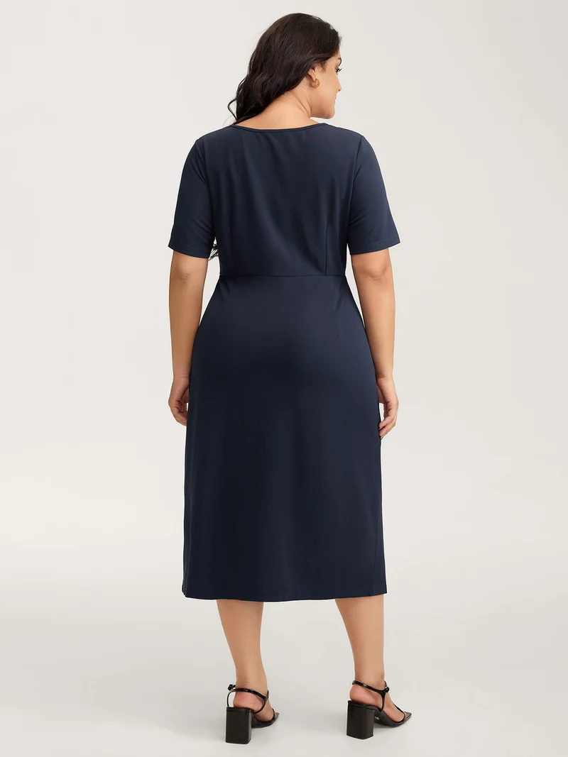 Half-Sleeve Split Front Sheath Midi Dress