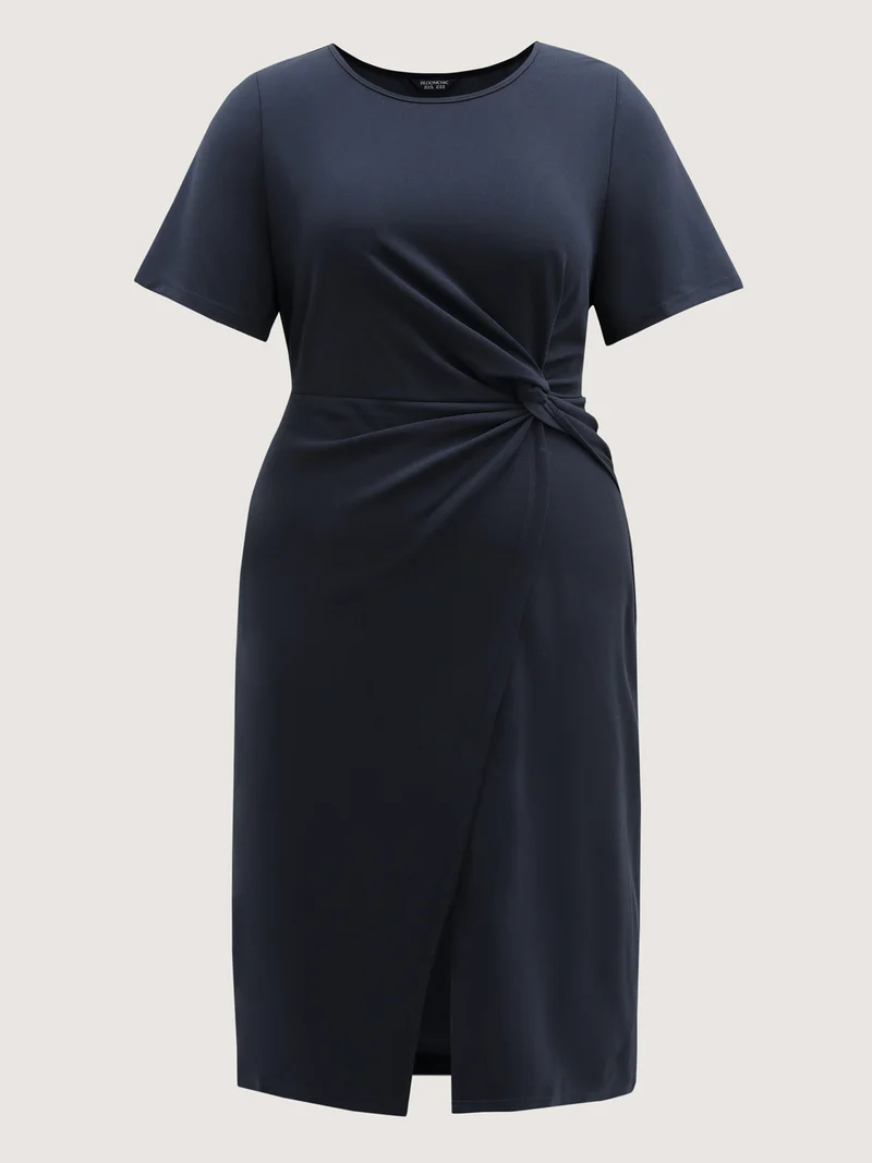Half-Sleeve Split Front Sheath Midi Dress