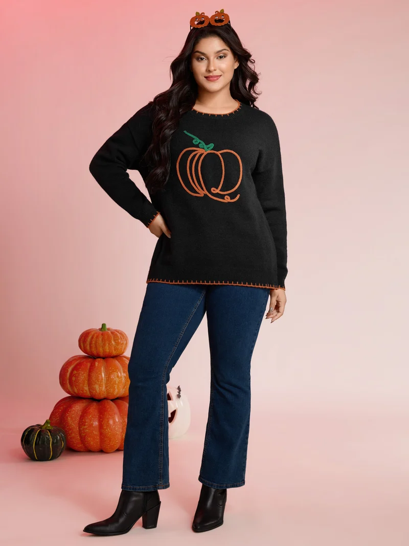 Pumpkin Rope Embroidery Contrast Pullover