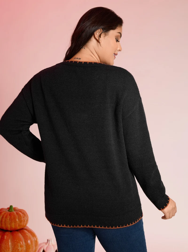 Pumpkin Rope Embroidery Contrast Pullover