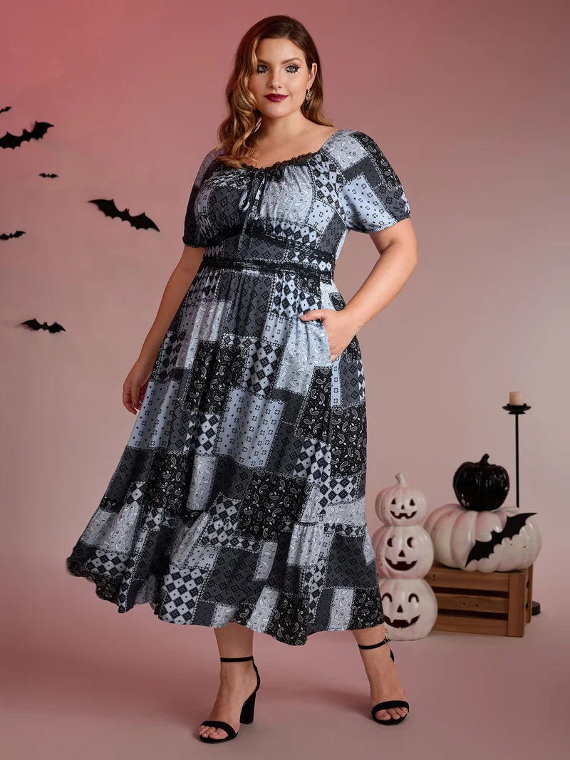 Paisley Collage Print Lace Trim Midi Dress