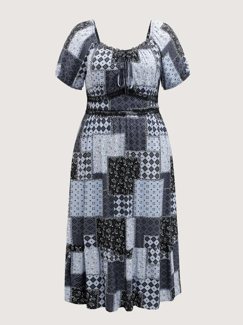 Paisley Collage Print Lace Trim Midi Dress