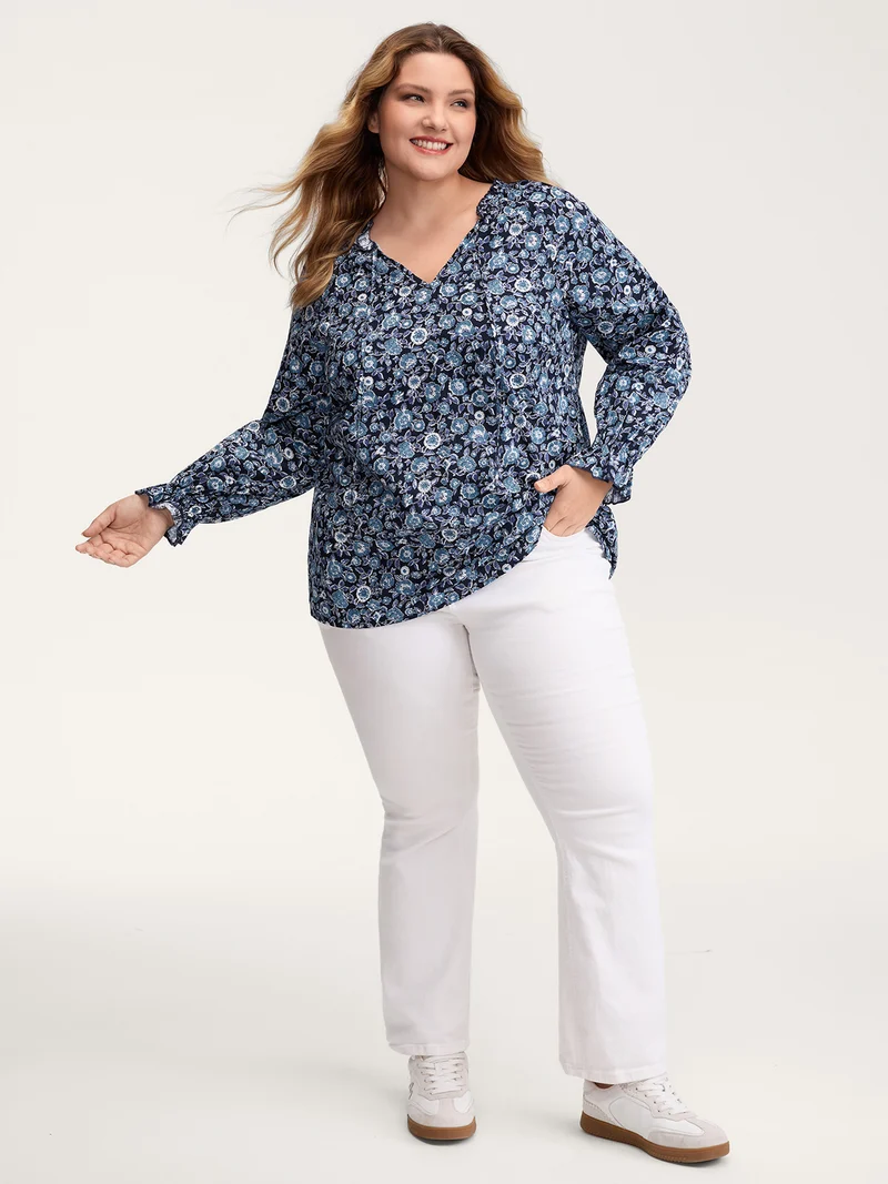 Cotton Floral Print Toothpick Pleats Blouse