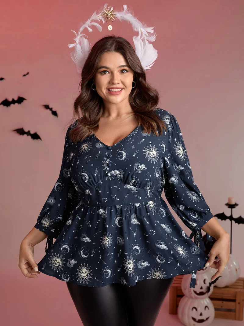 Star and Moon Print Sleeve Tie Blouse