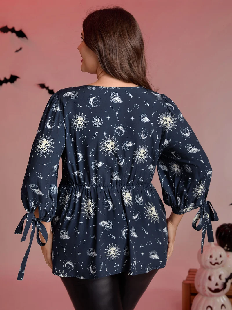 Star and Moon Print Sleeve Tie Blouse