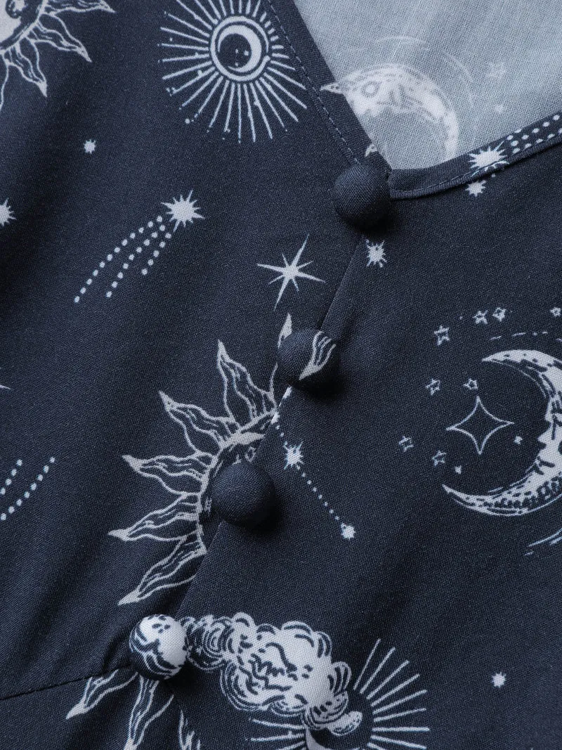 Star and Moon Print Sleeve Tie Blouse