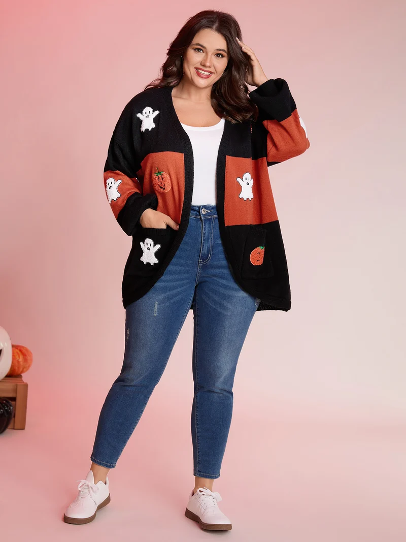 Halloween Elements Color Block Knit Cardigan