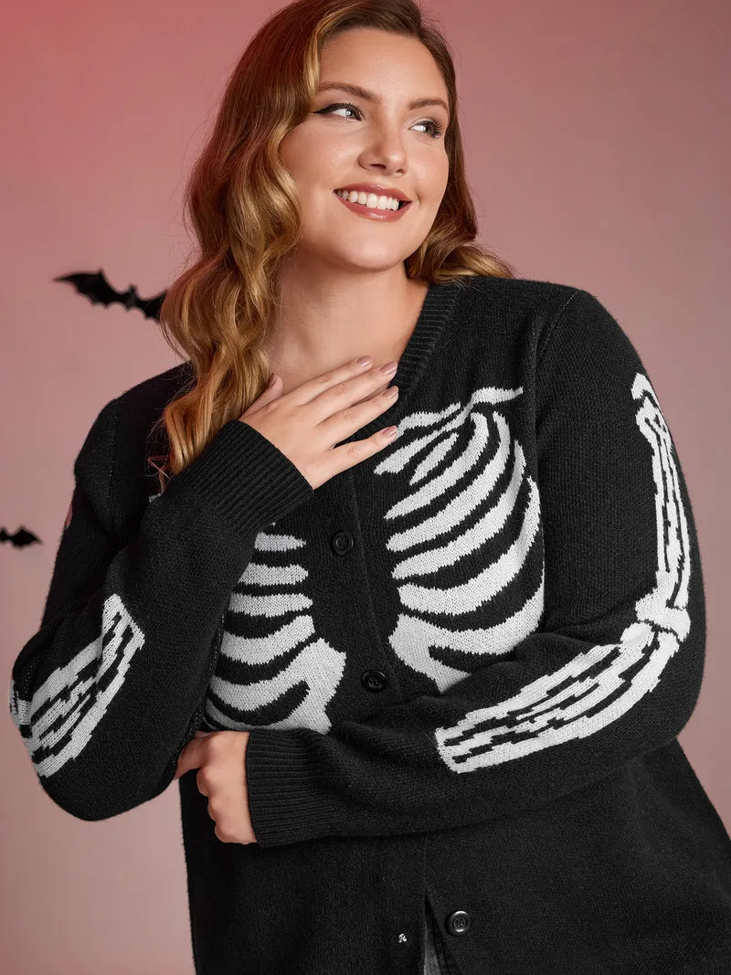 Skeleton Ribcage Print Button Knit Cardigan