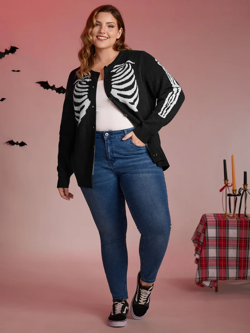 Skeleton Ribcage Print Button Knit Cardigan