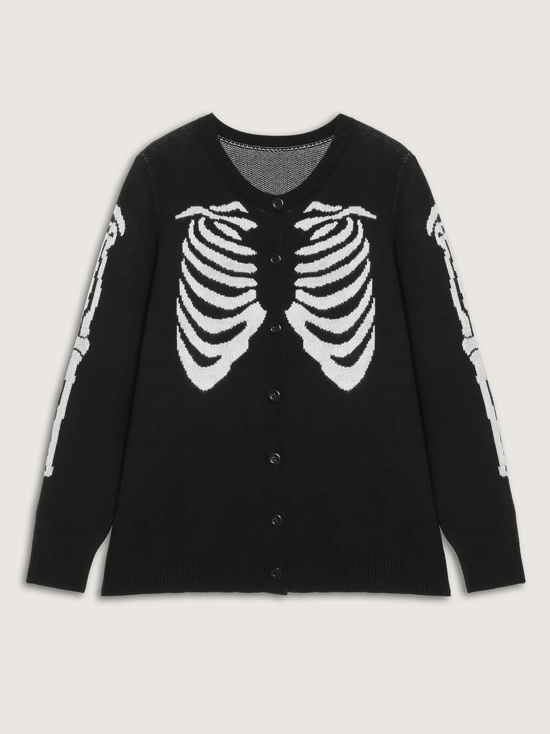 Skeleton Ribcage Print Button Knit Cardigan