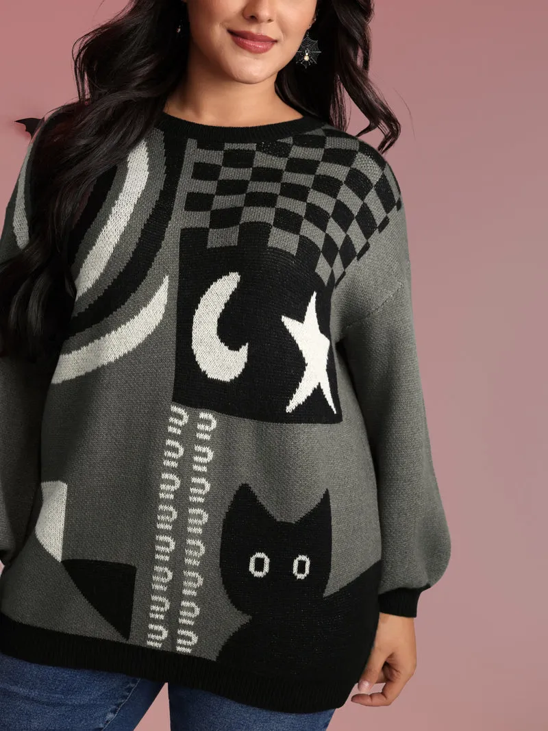 Halloween Cat Print Contrast Pullover