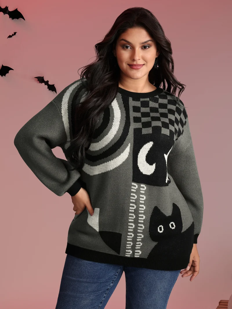 Halloween Cat Print Contrast Pullover