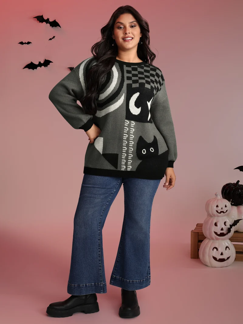 Halloween Cat Print Contrast Pullover
