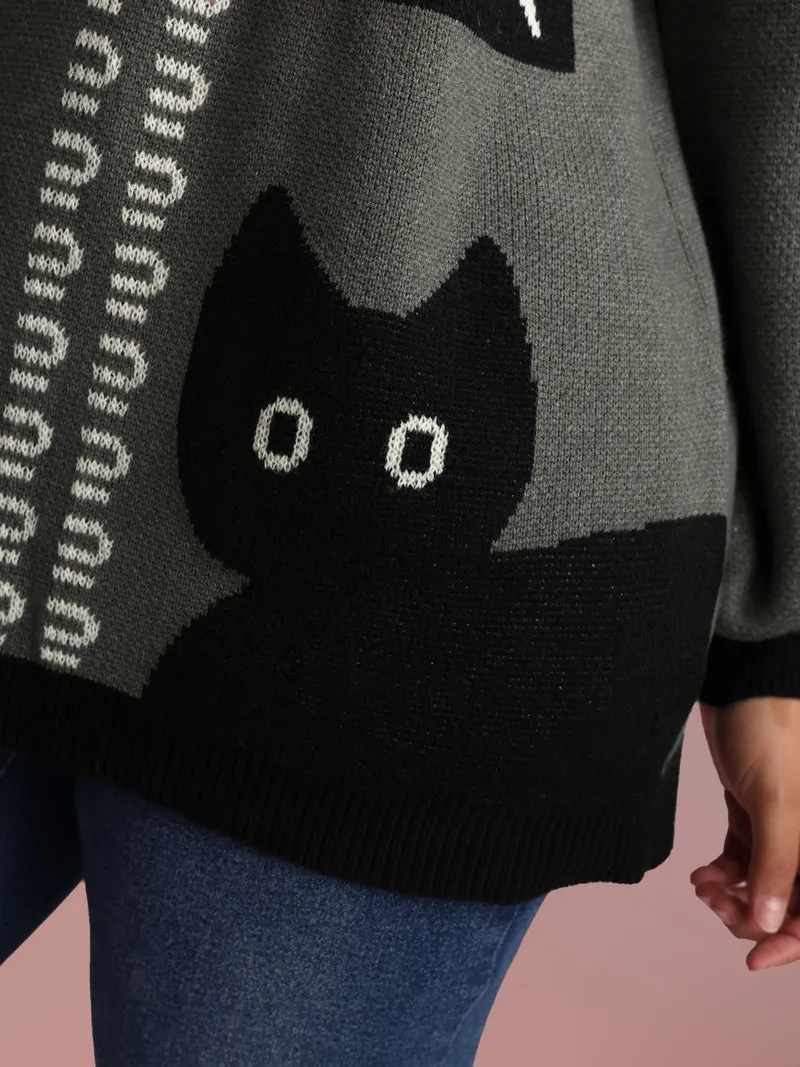 Halloween Cat Print Contrast Pullover