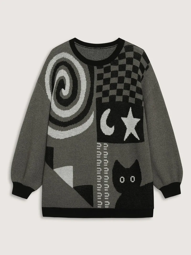 Halloween Cat Print Contrast Pullover