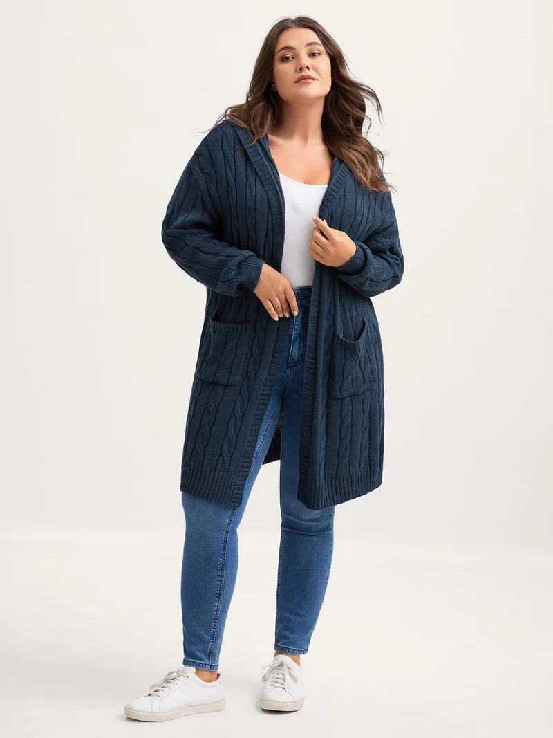Cable Knit Hooded Long Knit Cardigan