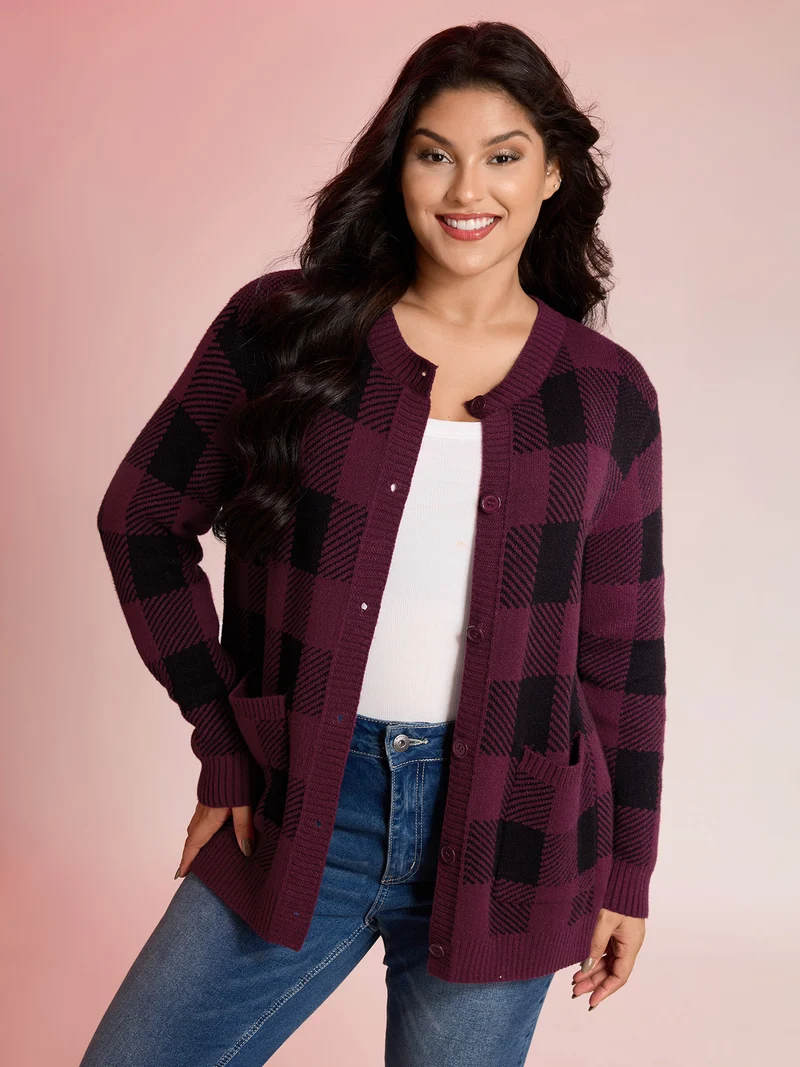 Checkered Jacquard Buttons Pockets Knit Cardigan