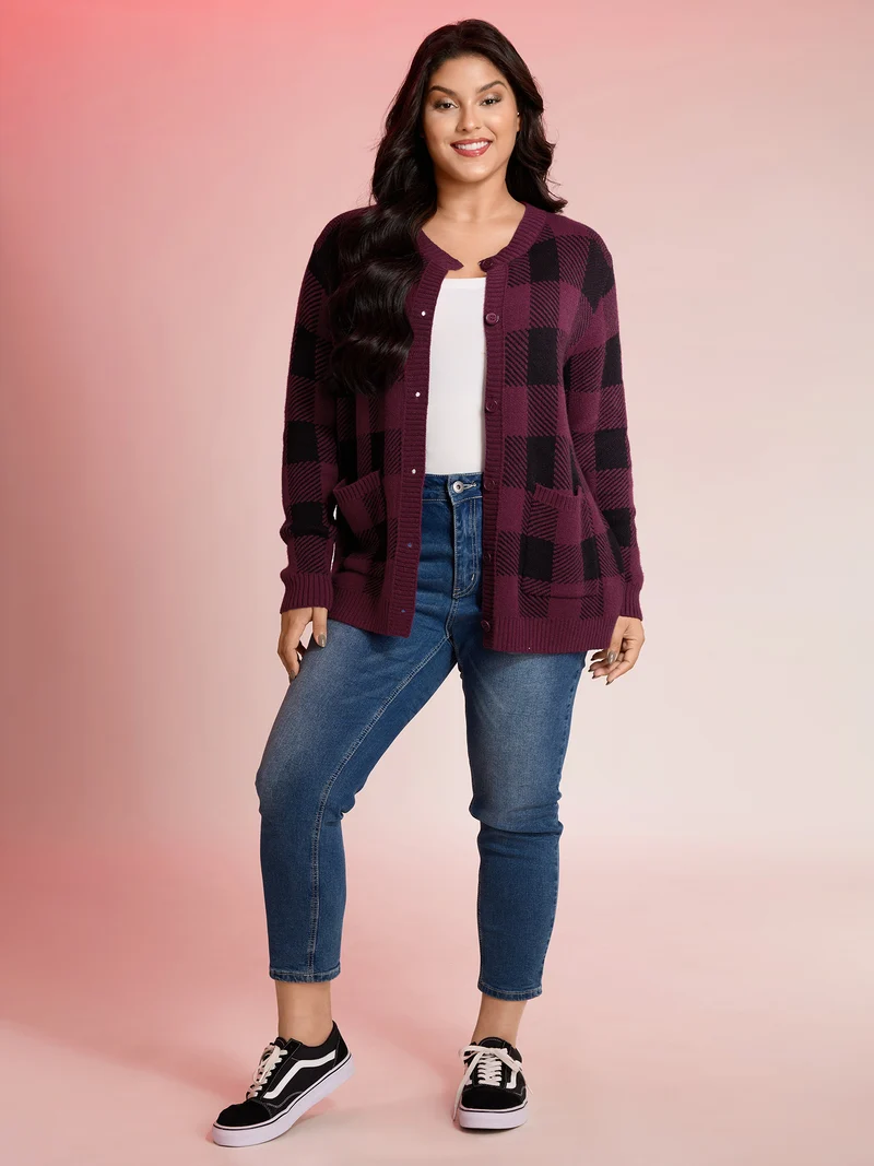 Checkered Jacquard Buttons Pockets Knit Cardigan