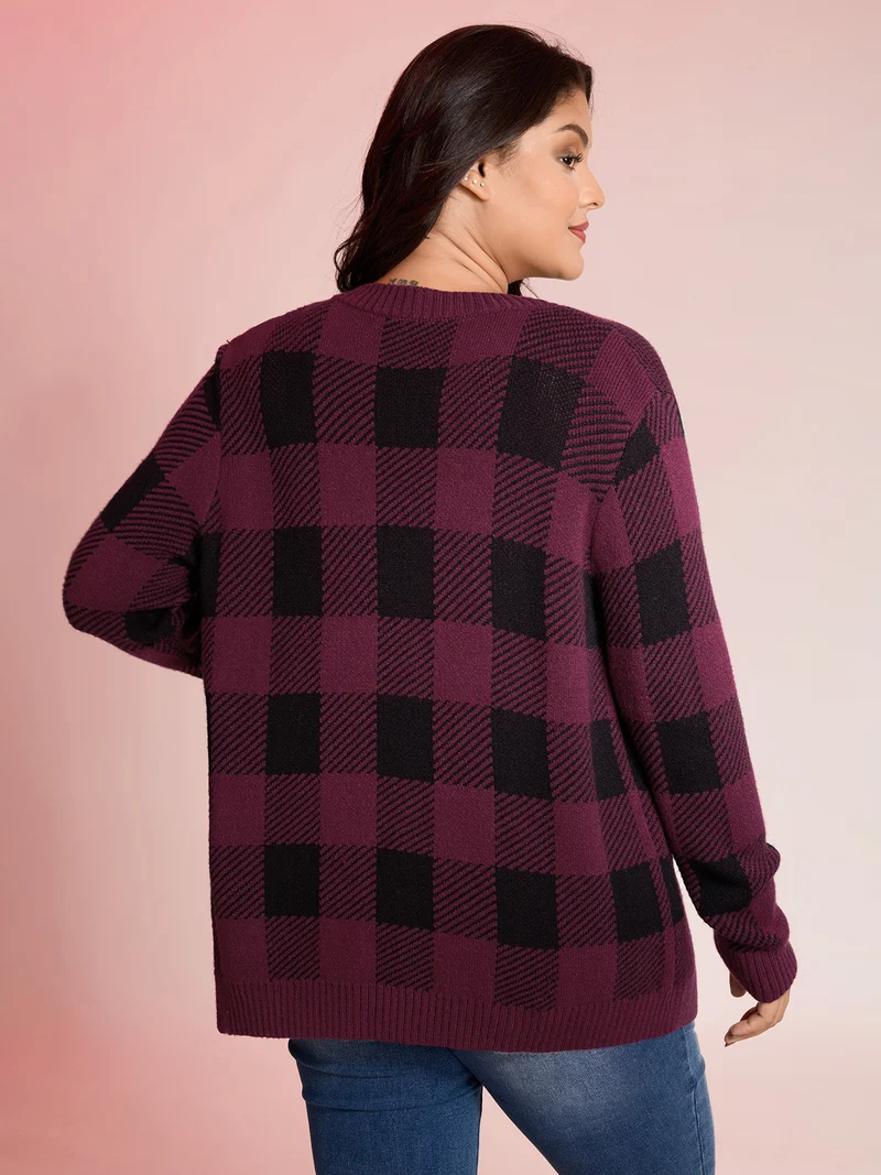 Checkered Jacquard Buttons Pockets Knit Cardigan