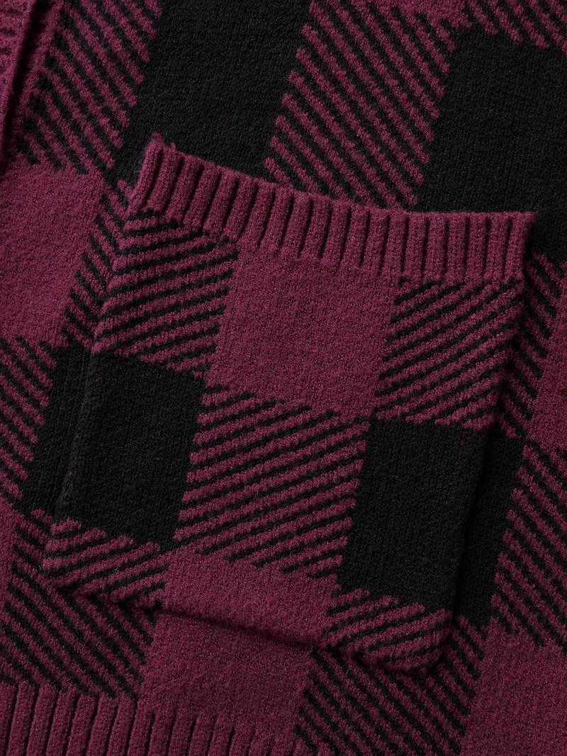 Checkered Jacquard Buttons Pockets Knit Cardigan